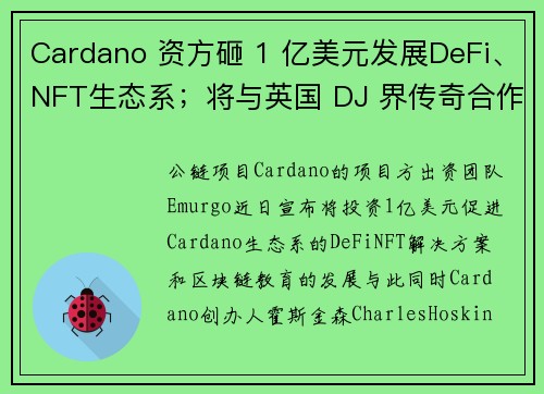 Cardano 资方砸 1 亿美元发展DeFi、NFT生态系；将与英国 DJ 界传奇合作