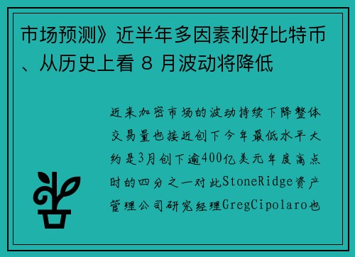 市场预测》近半年多因素利好比特币、从历史上看 8 月波动将降低